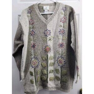 SUSAN BRISTOL Hand Embroidered Floral Marled Knit Sweater L